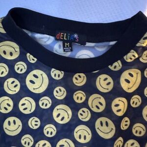 dELiA*s Black and Gold Crop Top with Retro Smiley Faces